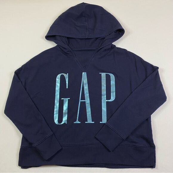 GAP Hoodie Women’s Small Navy Blue Cropped Metallic Spell Out‎ Logo Sweatshirt - Picture 1 of 8